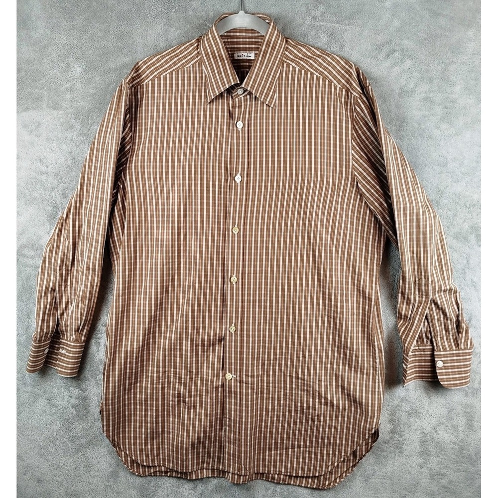 Kiton 100% Cotton Brown White Striped‎ Button Up Dress Shirt Mens Large